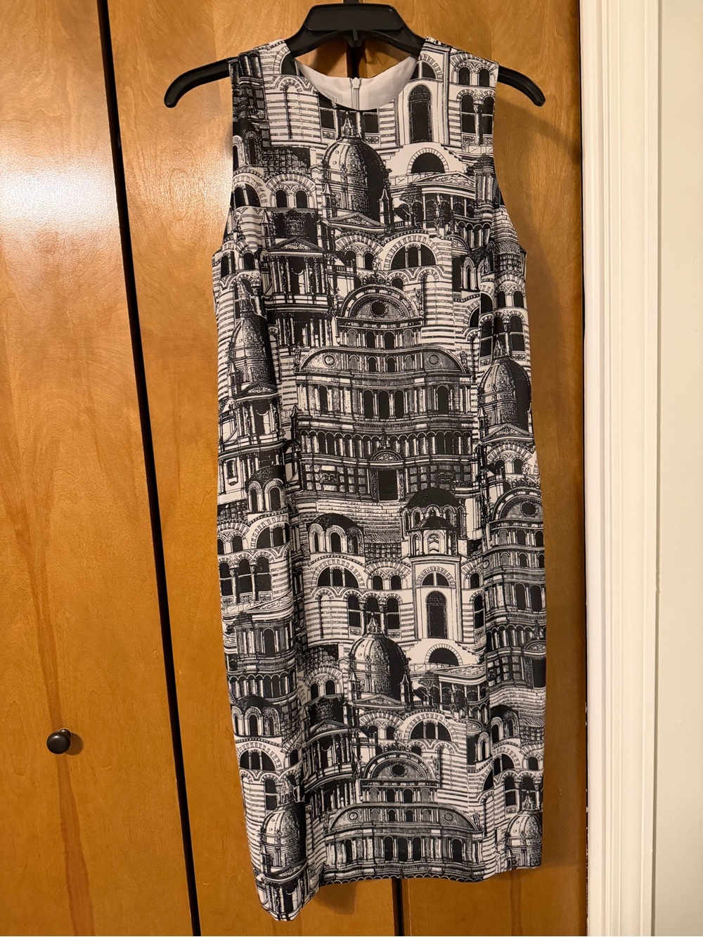 Iconic Sleeveless Black & White Architectural Print Mini Dress